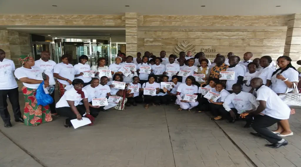 Hotel employees participate in Ebola training in Conakry, Guinea, as part of public health preparedness activities.