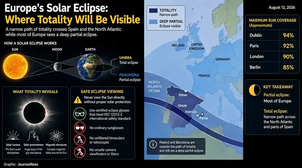 Solar eclipse graphic showing totality path across Spain and the North Atlantic with partial eclipse visibility across Europe.