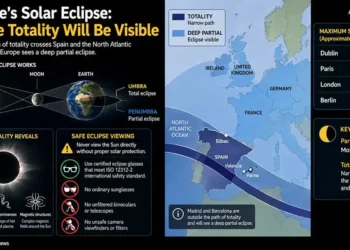 Solar eclipse graphic showing totality path across Spain and the North Atlantic with partial eclipse visibility across Europe.