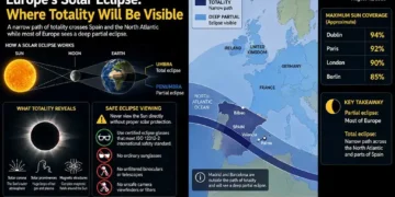 Solar eclipse graphic showing totality path across Spain and the North Atlantic with partial eclipse visibility across Europe.