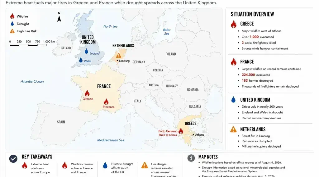 Locator map showing major wildfires in Greece and France and drought conditions across the United Kingdom, highlighting affected regions and key developments in Europe.