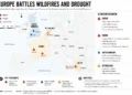 Locator map showing major wildfires in Greece and France and drought conditions across the United Kingdom, highlighting affected regions and key developments in Europe.