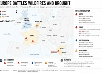 Locator map showing major wildfires in Greece and France and drought conditions across the United Kingdom, highlighting affected regions and key developments in Europe.