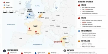 Locator map showing major wildfires in Greece and France and drought conditions across the United Kingdom, highlighting affected regions and key developments in Europe.