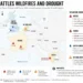 Locator map showing major wildfires in Greece and France and drought conditions across the United Kingdom, highlighting affected regions and key developments in Europe.