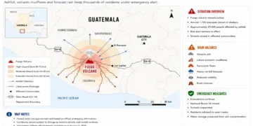 Map showing Guatemala's Fuego Volcano eruption, hazard zones, ashfall direction, nearby communities, and emergency evacuations as of Aug. 5, 2026.