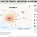 Map showing Guatemala's Fuego Volcano eruption, hazard zones, ashfall direction, nearby communities, and emergency evacuations as of Aug. 5, 2026.