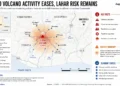 Editorial map showing Fuego Volcano in Guatemala, lahar risk zones, potential mudflow paths, nearby communities, and emergency monitoring as of Aug. 6, 2026.