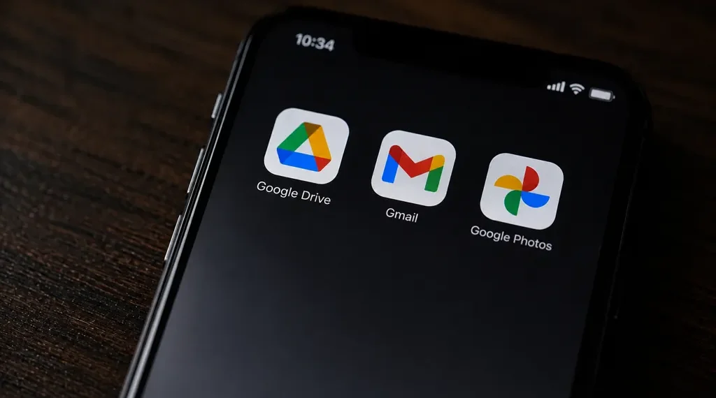 Close-up of a smartphone screen displaying the Google Drive, Gmail and Google Photos app icons against a dark background.