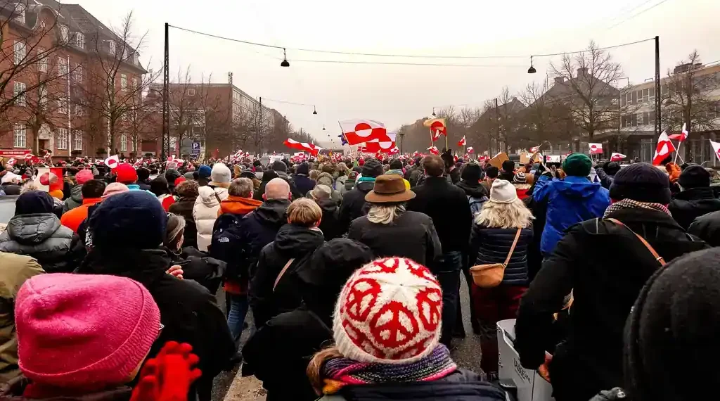 Protesters gather in Copenhagen, Denmark, during a January 2026 demonstration opposing efforts to take control of Greenland.