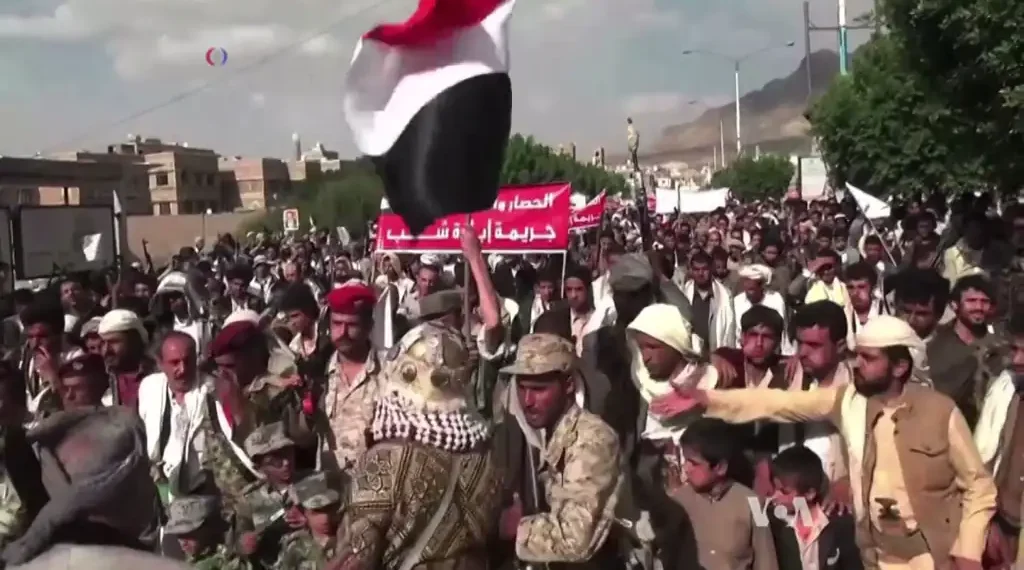 Houthi supporters protest against Saudi-led coalition airstrikes in Sana’a, Yemen, in September 2015.