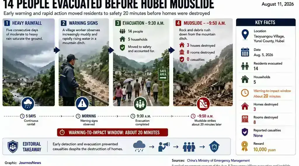 Timeline graphic shows 14 residents evacuated before a mudslide destroyed homes in Taoyuan Village, Hubei, China.