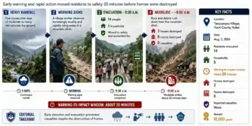 Timeline graphic shows 14 residents evacuated before a mudslide destroyed homes in Taoyuan Village, Hubei, China.
