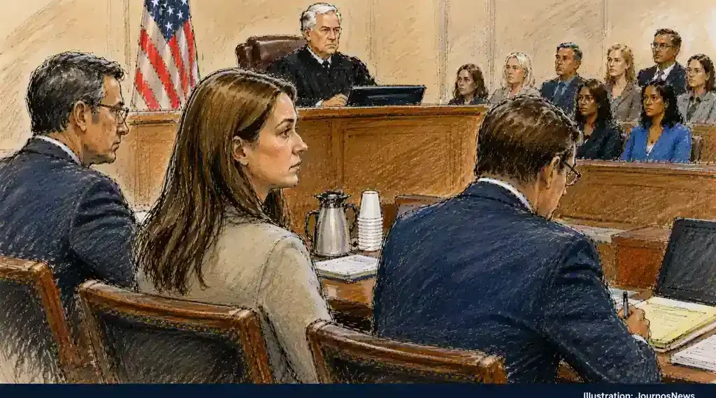 Courtroom sketch showing a judge presiding over a hearing with attorneys seated at counsel tables and spectators in the gallery.