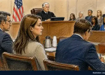 Courtroom sketch showing a judge presiding over a hearing with attorneys seated at counsel tables and spectators in the gallery.