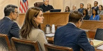 Courtroom sketch showing a judge presiding over a hearing with attorneys seated at counsel tables and spectators in the gallery.