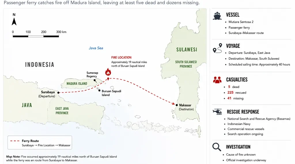 Locator map showing the reported location of the ferry fire north of Madura Island, Indonesia, and the vessel's route from Surabaya to Makassar with rescue operation details.