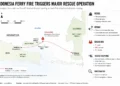 Locator map showing the reported location of the ferry fire north of Madura Island, Indonesia, and the vessel's route from Surabaya to Makassar with rescue operation details.