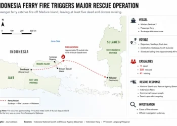 Locator map showing the reported location of the ferry fire north of Madura Island, Indonesia, and the vessel's route from Surabaya to Makassar with rescue operation details.