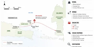Locator map showing the reported location of the ferry fire north of Madura Island, Indonesia, and the vessel's route from Surabaya to Makassar with rescue operation details.