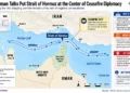 Editorial map showing the Strait of Hormuz, Iran and Oman, with shipping routes and key locations amid Iran-Oman ceasefire diplomacy.