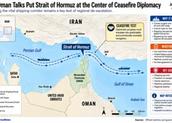 Editorial map showing the Strait of Hormuz, Iran and Oman, with shipping routes and key locations amid Iran-Oman ceasefire diplomacy.
