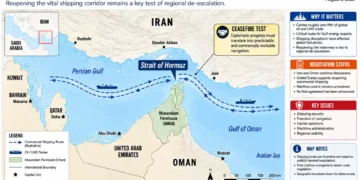 Editorial map showing the Strait of Hormuz, Iran and Oman, with shipping routes and key locations amid Iran-Oman ceasefire diplomacy.