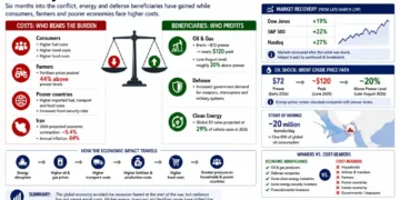 Graphic explaining Iran war economic impacts, showing costs for consumers and farmers, beneficiaries, oil prices, markets, and global trade pressures.