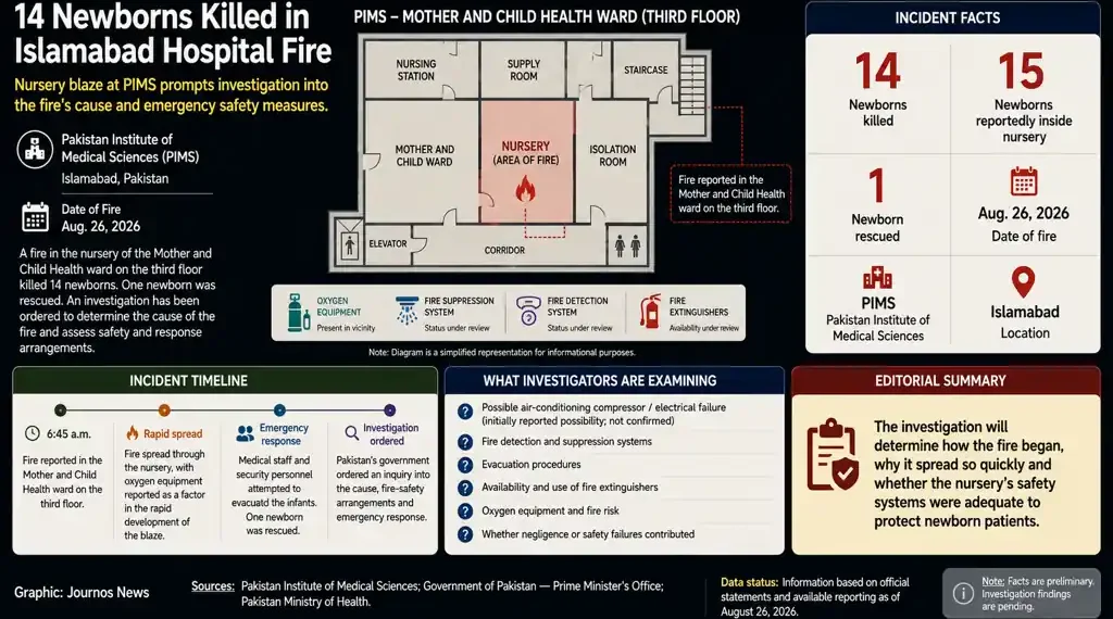 Journos News graphic showing the Islamabad hospital nursery fire, newborn fatalities, incident timeline, PIMS floor plan, and investigation focus. - Journos News, File.