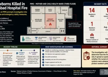 Journos News graphic showing the Islamabad hospital nursery fire, newborn fatalities, incident timeline, PIMS floor plan, and investigation focus. - Journos News, File.