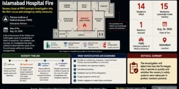 Journos News graphic showing the Islamabad hospital nursery fire, newborn fatalities, incident timeline, PIMS floor plan, and investigation focus. - Journos News, File.