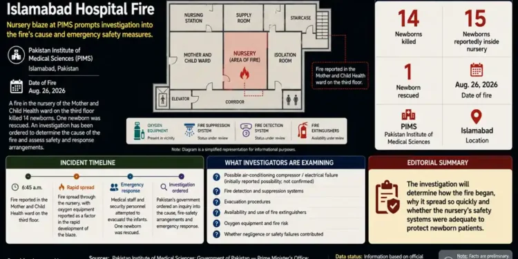 Journos News graphic showing the Islamabad hospital nursery fire, newborn fatalities, incident timeline, PIMS floor plan, and investigation focus. - Journos News, File.