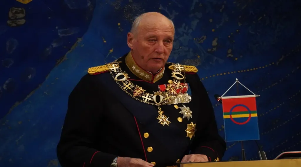 King Harald V of Norway attends the opening of the Sámediggi during a formal event in 2021.