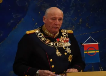 King Harald V of Norway attends the opening of the Sámediggi during a formal event in 2021.