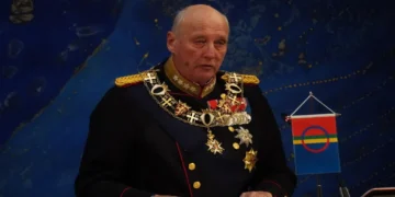 King Harald V of Norway attends the opening of the Sámediggi during a formal event in 2021.