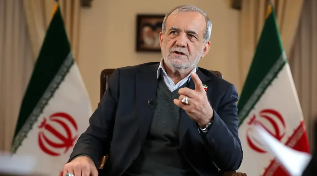 Iranian President Masoud Pezeshkian speaks during an interview recorded for the official Khamenei.ir website in 2025.