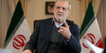 Iranian President Masoud Pezeshkian speaks during an interview recorded for the official Khamenei.ir website in 2025.