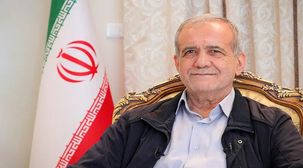 Iranian President Masoud Pezeshkian speaks during an interview with Khamenei.ir in 2024.
