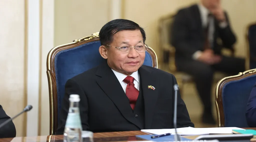 Myanmar Prime Minister Min Aung Hlaing meets Russian Federation Council Chairperson Valentina Matviyenko in Moscow on March 4, 2025.