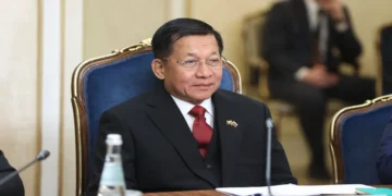 Myanmar Prime Minister Min Aung Hlaing meets Russian Federation Council Chairperson Valentina Matviyenko in Moscow on March 4, 2025.