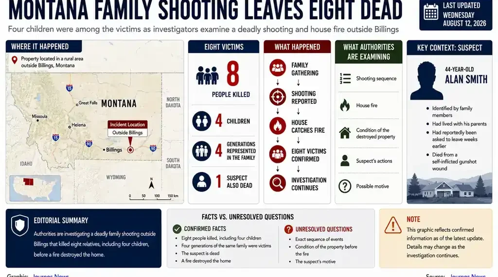 JournosNews explainer graphic maps a Montana family shooting outside Billings, showing eight victims, investigation details and unresolved questions. - Journos News, File