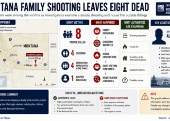 JournosNews explainer graphic maps a Montana family shooting outside Billings, showing eight victims, investigation details and unresolved questions. - Journos News, File