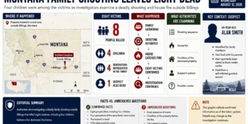 JournosNews explainer graphic maps a Montana family shooting outside Billings, showing eight victims, investigation details and unresolved questions. - Journos News, File
