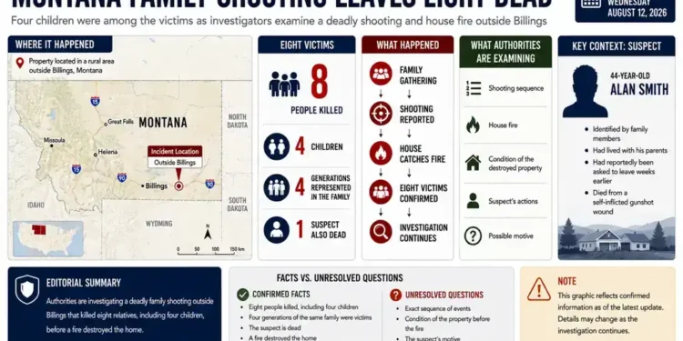 JournosNews explainer graphic maps a Montana family shooting outside Billings, showing eight victims, investigation details and unresolved questions. - Journos News, File