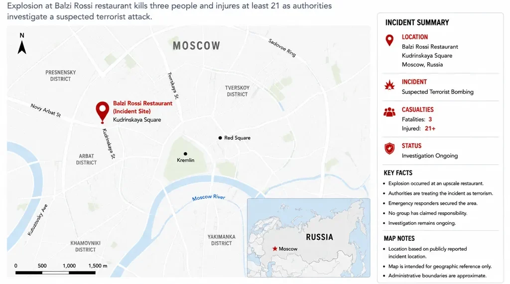Locator map showing the Balzi Rossi restaurant bombing site near Kudrinskaya Square in central Moscow, Russia, with key incident details and geographic context.
