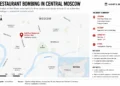 Locator map showing the Balzi Rossi restaurant bombing site near Kudrinskaya Square in central Moscow, Russia, with key incident details and geographic context.