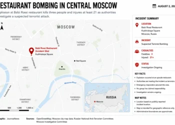 Locator map showing the Balzi Rossi restaurant bombing site near Kudrinskaya Square in central Moscow, Russia, with key incident details and geographic context.