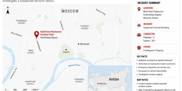 Locator map showing the Balzi Rossi restaurant bombing site near Kudrinskaya Square in central Moscow, Russia, with key incident details and geographic context.