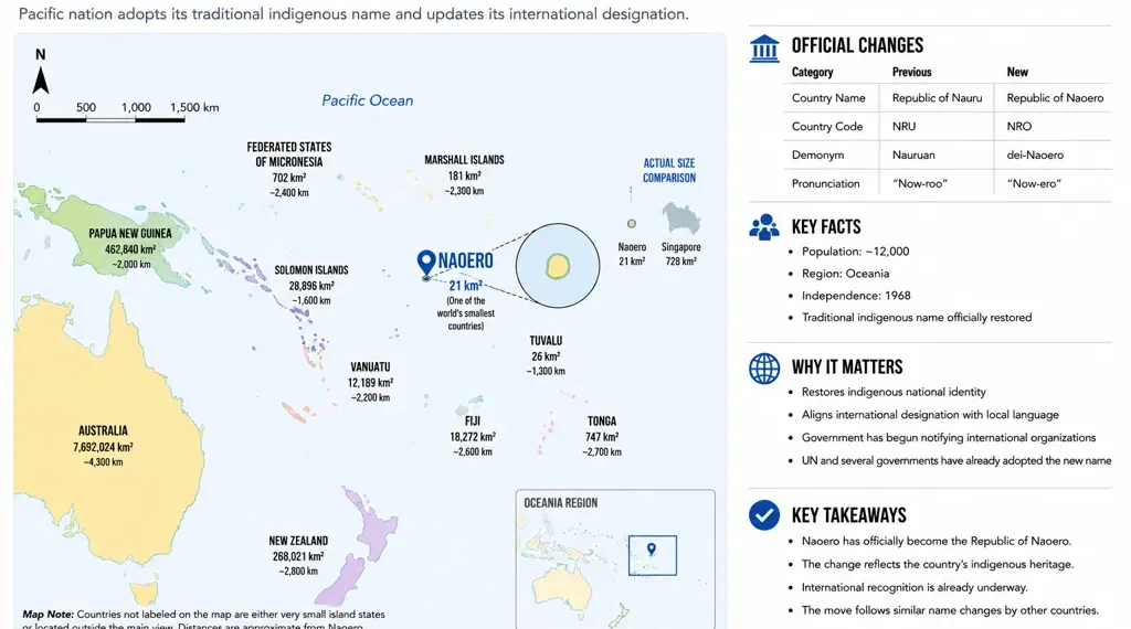 Locator map showing the Republic of Naoero in the central Pacific Ocean and highlighting the country's official name change from Nauru to Naoero.
