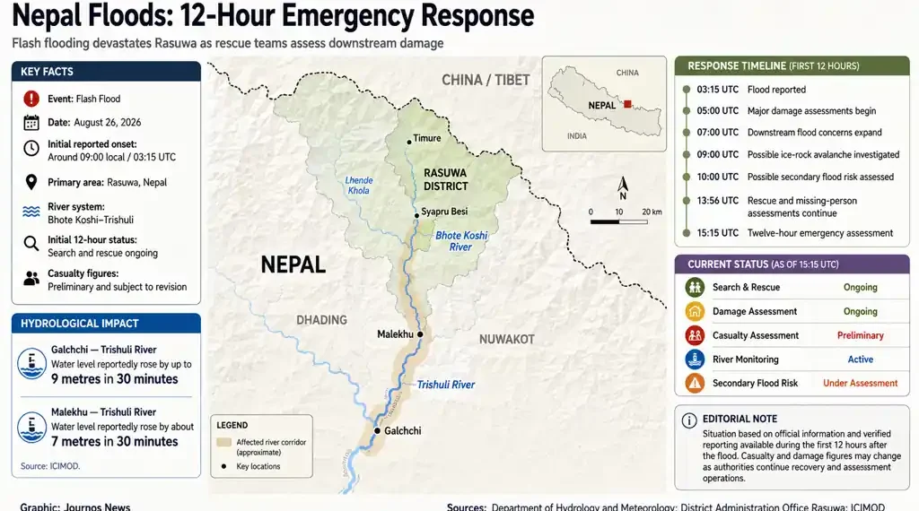 Nepal flood emergency map showing Rasuwa, river corridors, response timeline, hydrological impacts, and current rescue and assessment status.- Journos News, File.